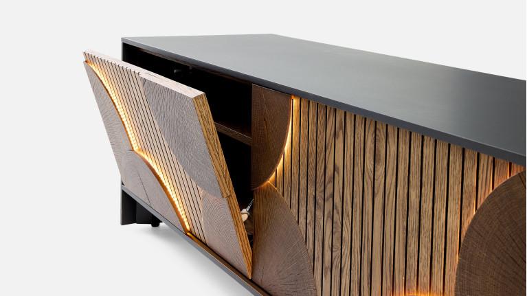 Meuble TV NEO EQUINOXE – Cheminée vapeur d'eau, placage chêne et LED