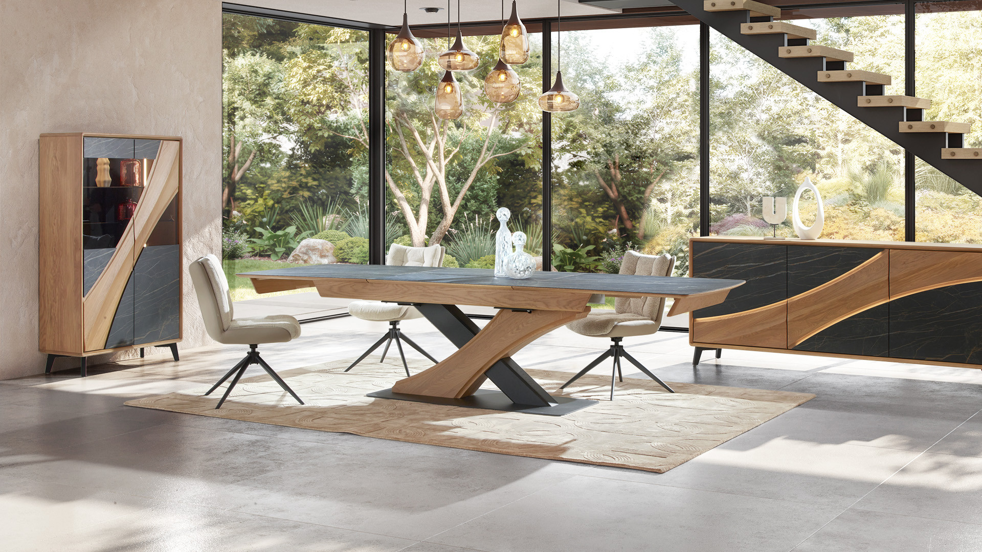 Table extensible CANYON Plateau céramique marbrée et chaleur du chêne