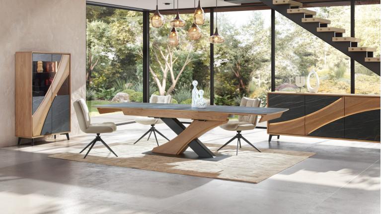 Table extensible CANYON Plateau céramique marbrée et chaleur du chêne