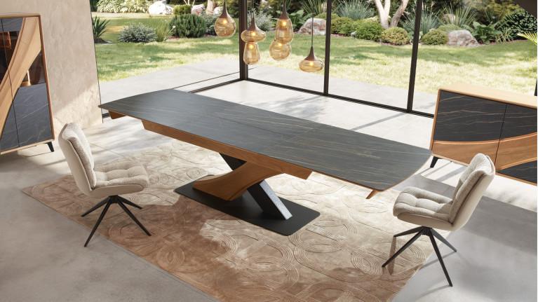 Table extensible CANYON Plateau céramique marbrée et chaleur du chêne