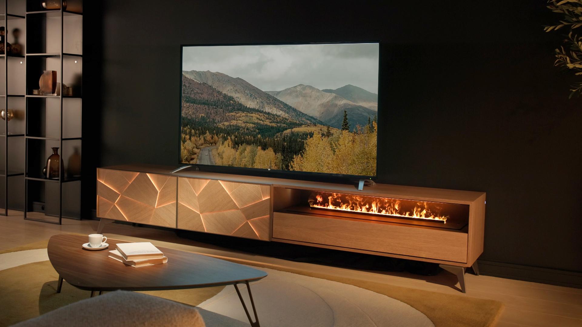 Meuble TV avec cheminée à vapeur ECLIPSE, placage chêne