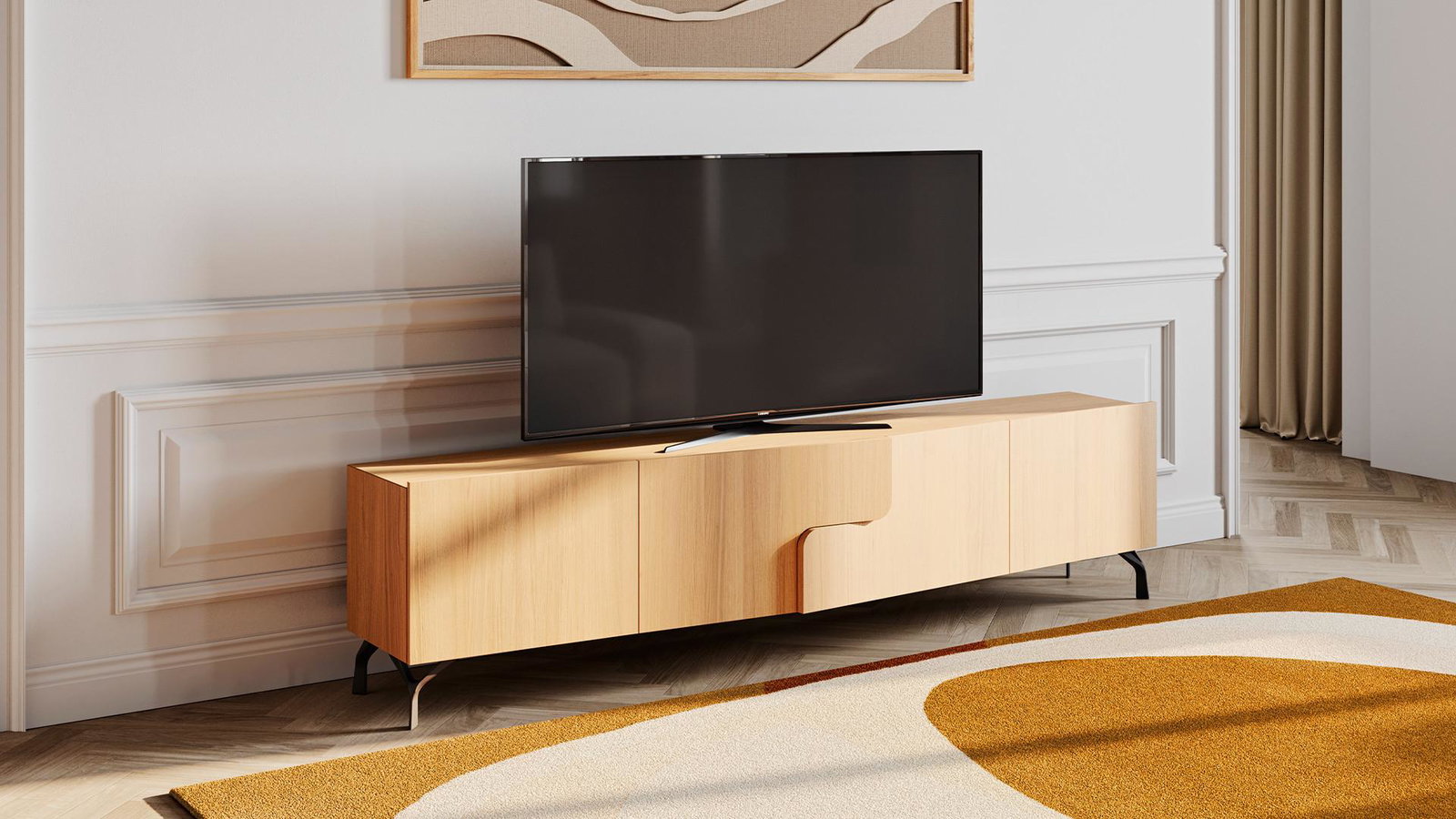 Meuble TV JADE avec rangements intégrés et piètement métal
