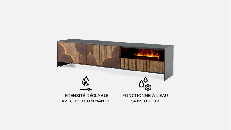 Meuble TV NEO EQUINOXE – Cheminée vapeur d'eau, placage chêne et LED