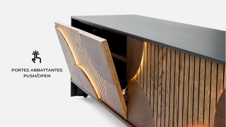 Meuble TV NEO EQUINOXE – Cheminée vapeur d'eau, placage chêne et LED