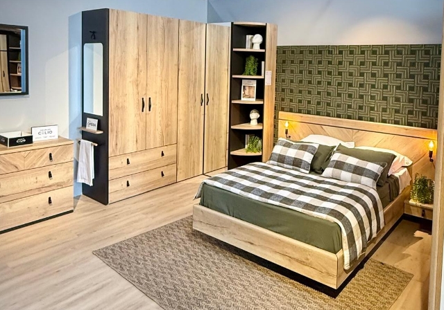 Chambre complète en bois clair et textile vert – collection présentée à Strasbourg Lampertheim Mobilier de France
